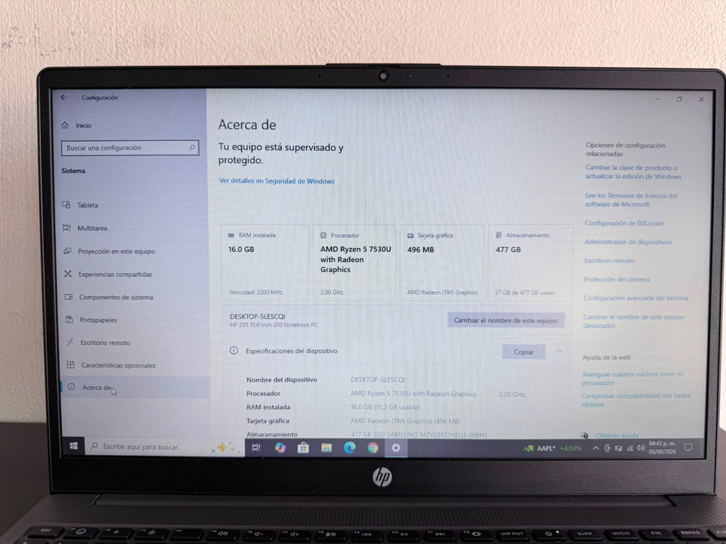 Laptop HP 255 G10 – AMD Ryzen 5 7530U | 16GB RAM | 477GB SSD | Windows 11