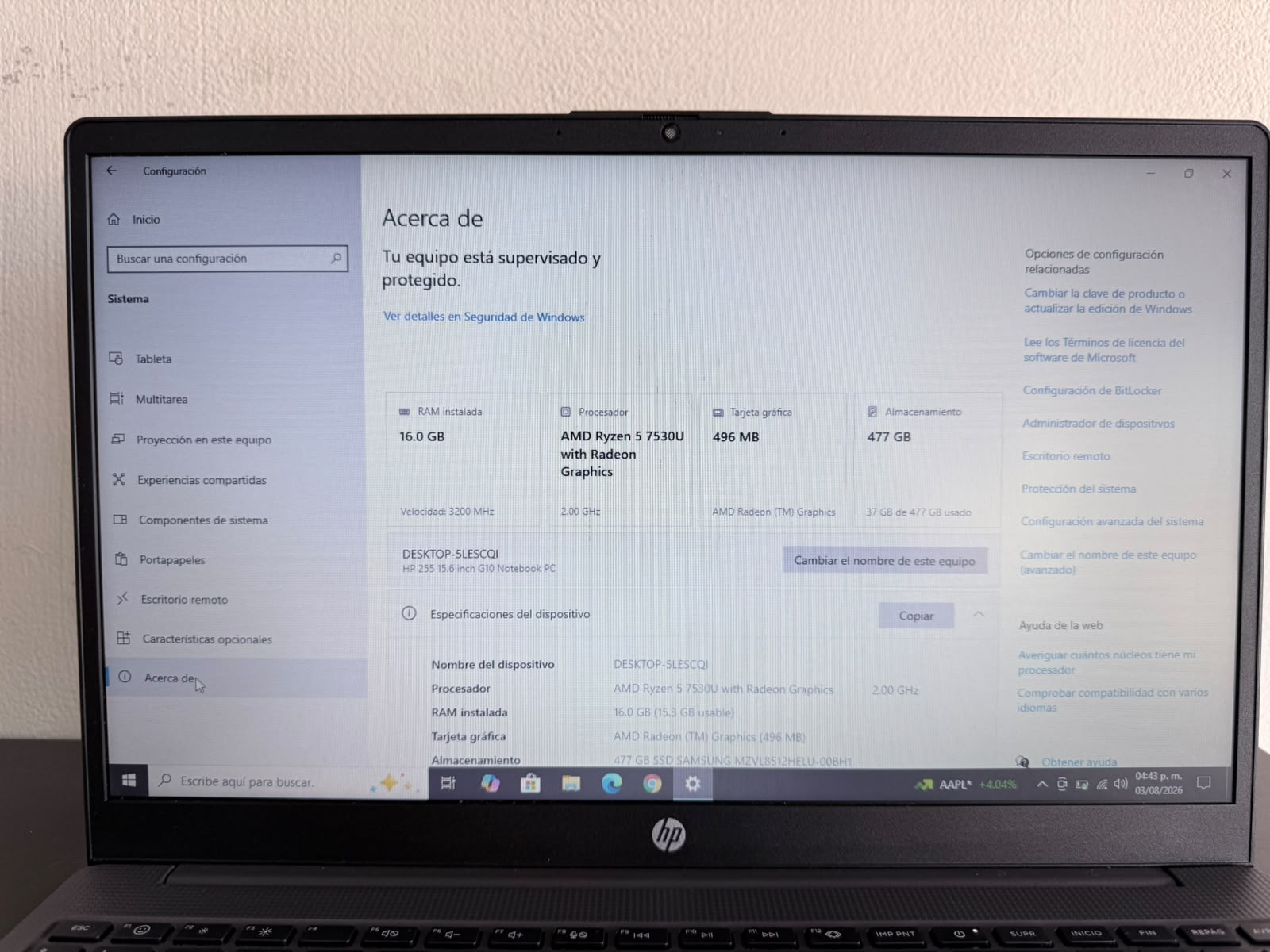 Laptop HP 255 G10 – AMD Ryzen 5 7530U | 16GB RAM | 477GB SSD | Windows 11